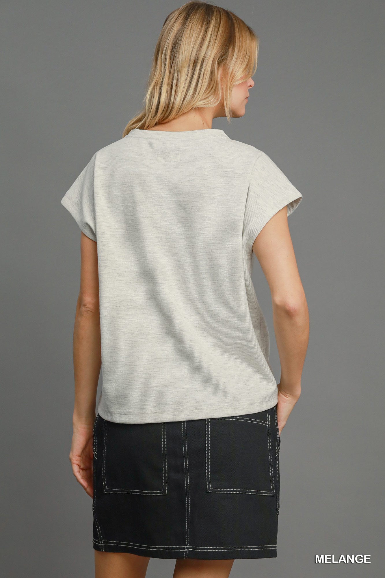 Rib knit round neck tee shirt
