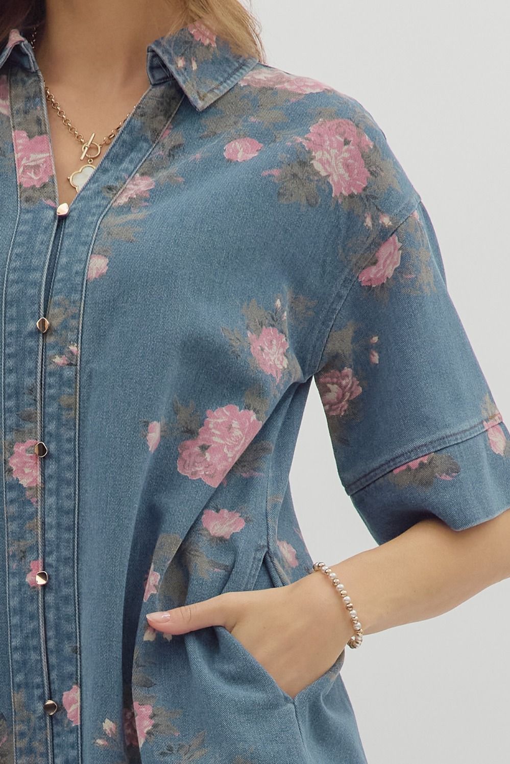 Pink floral denim dress