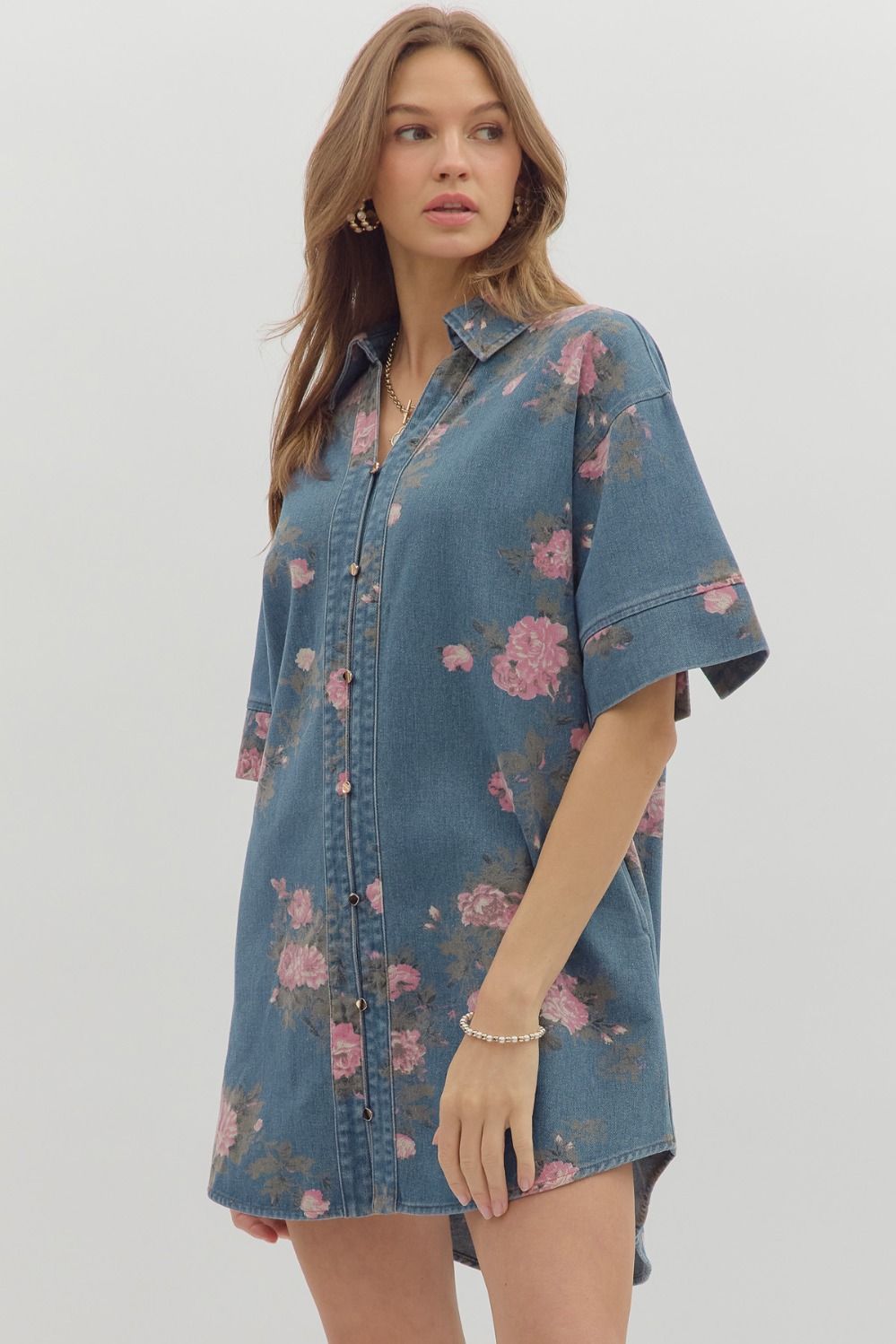 Pink floral denim dress