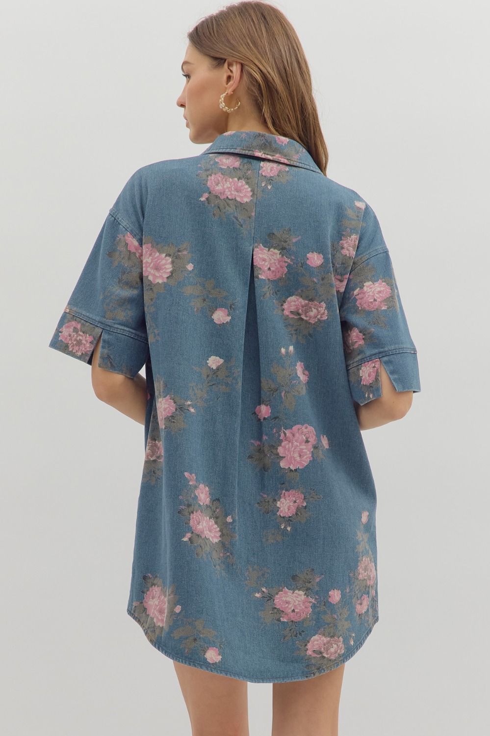 Pink floral denim dress