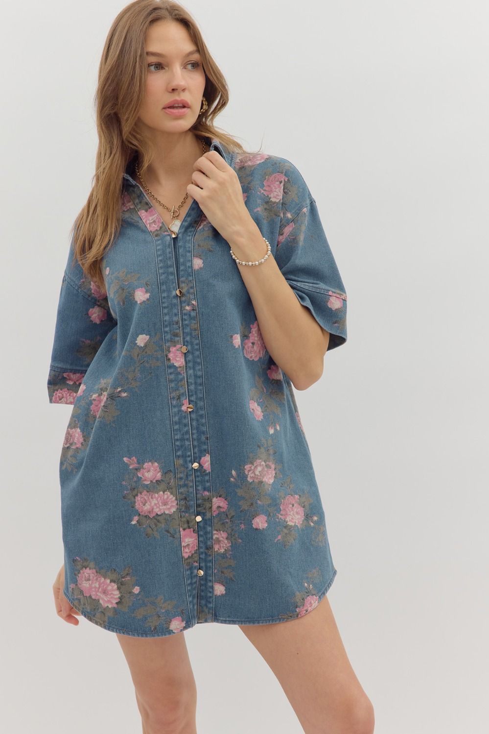 Pink floral denim dress