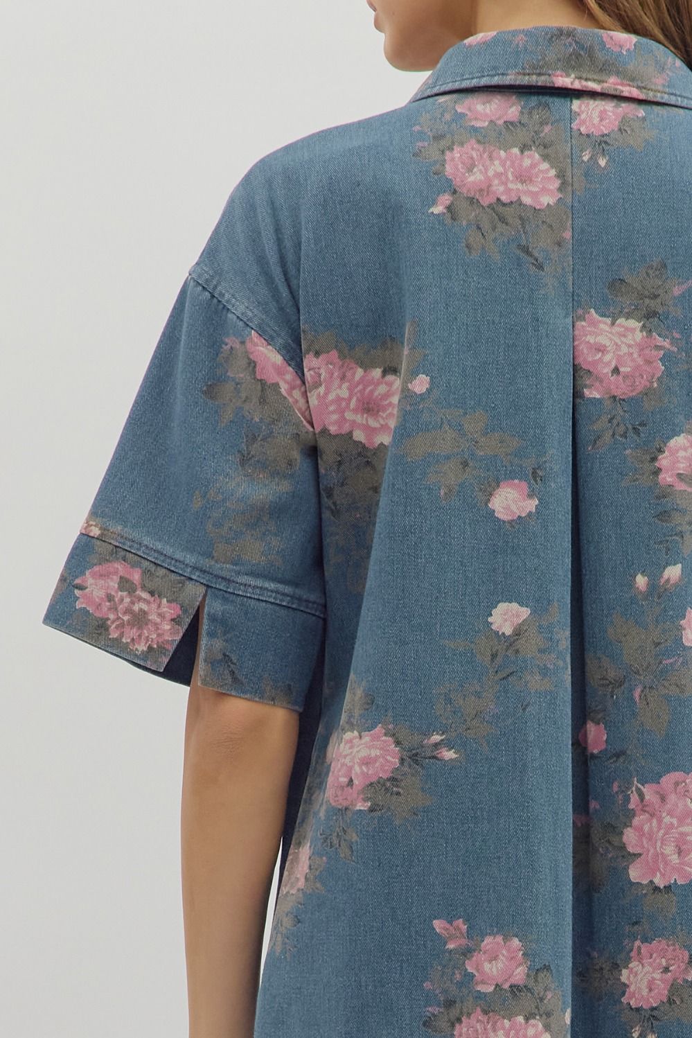 Pink floral denim dress