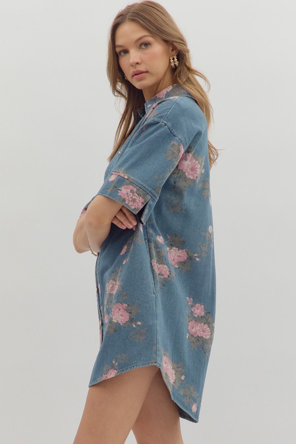 Pink floral denim dress