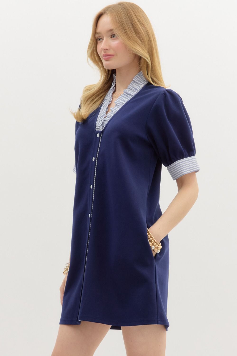 Navy dress with striped collar