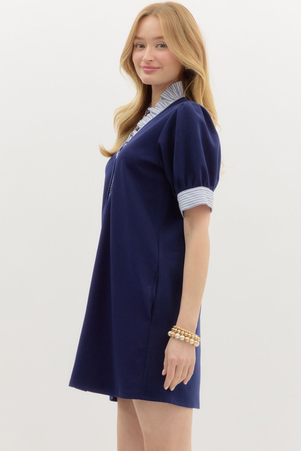 Navy dress with striped collar