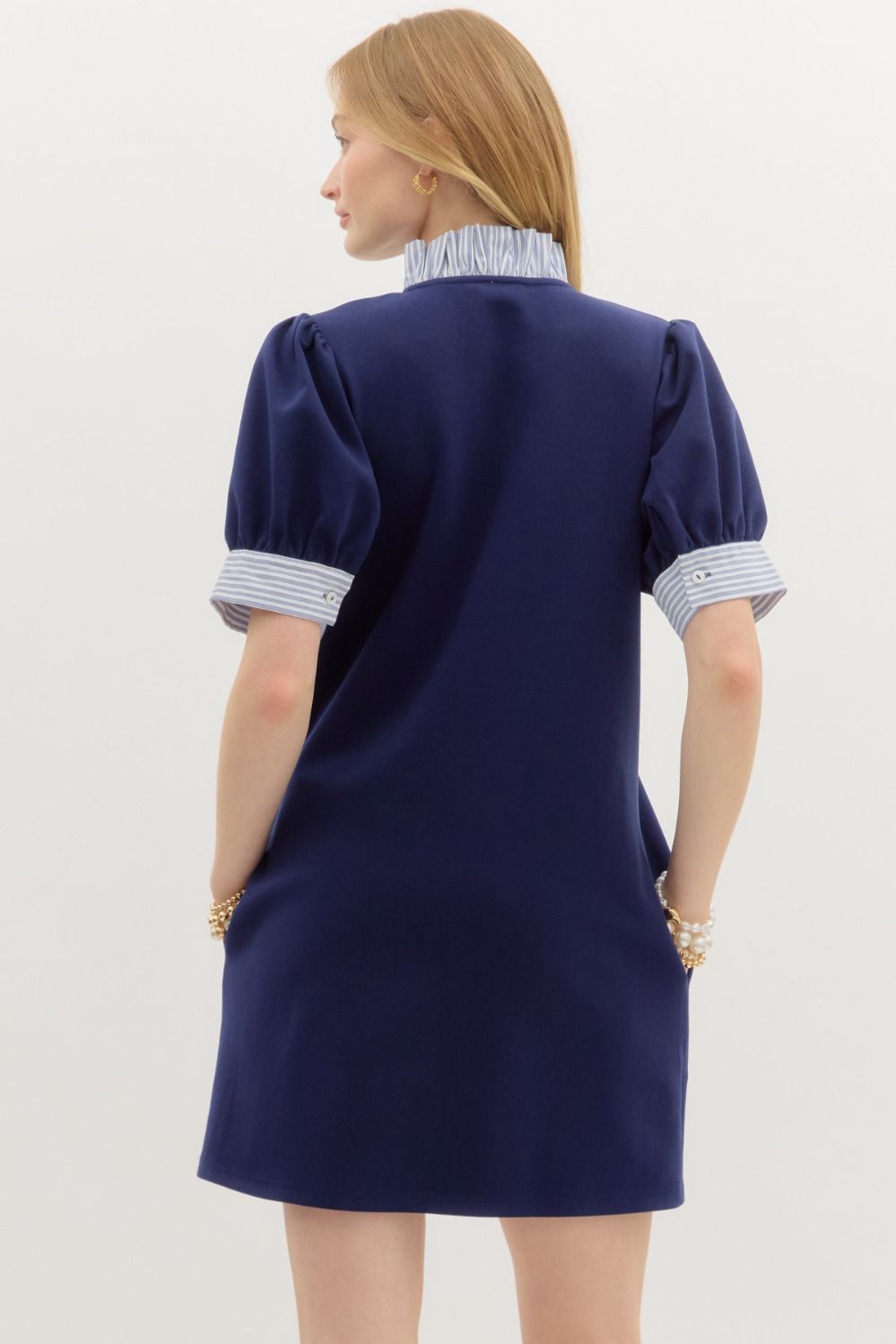 Navy dress with striped collar
