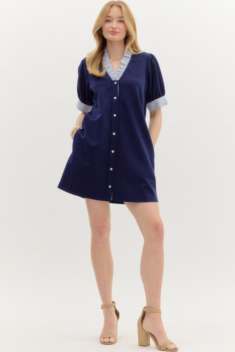 Navy dress with striped collar