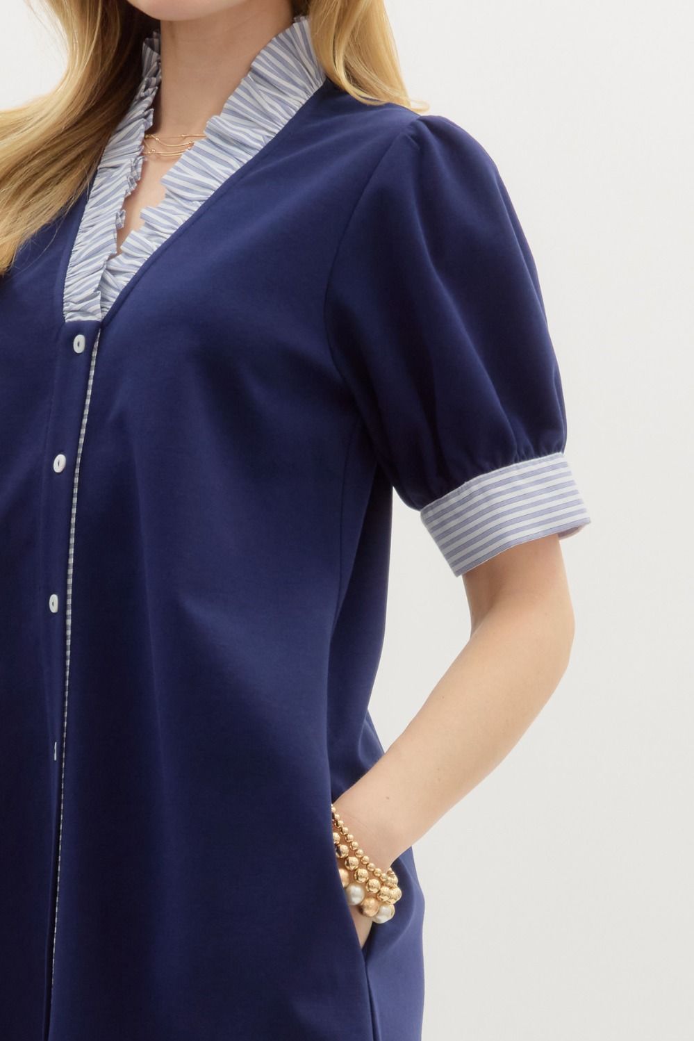 Navy dress with striped collar