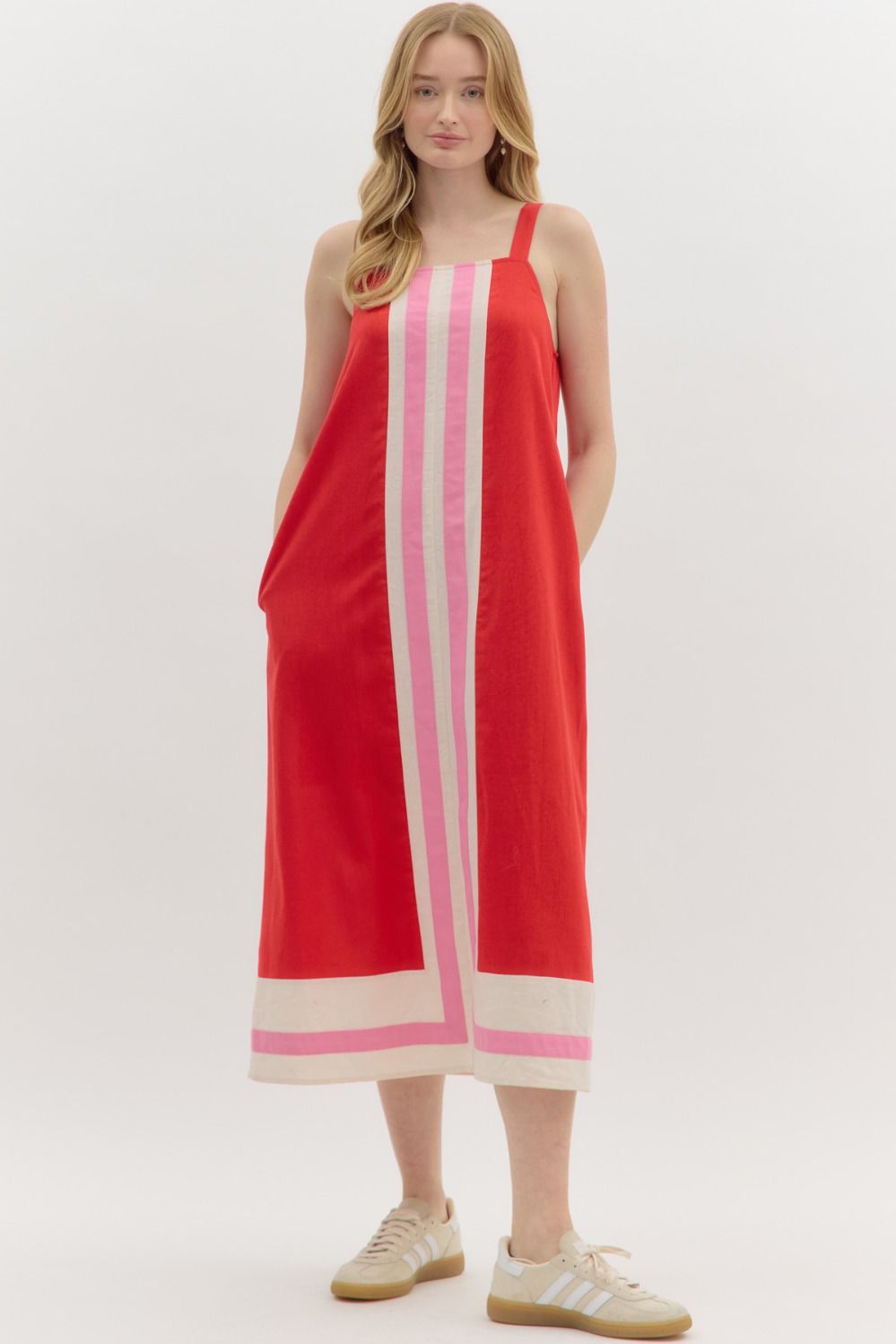Red with pink stripe midi dress