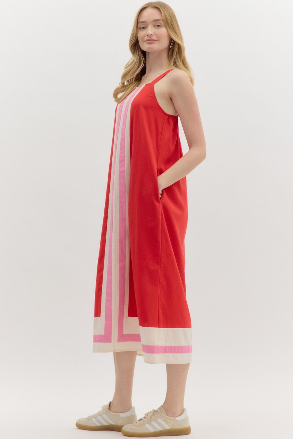 Red with pink stripe midi dress