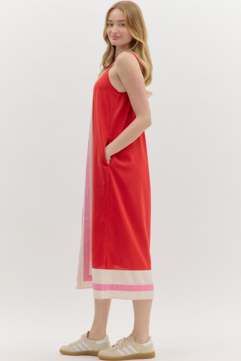 Red with pink stripe midi dress