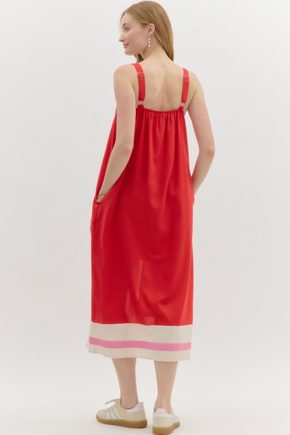 Red with pink stripe midi dress