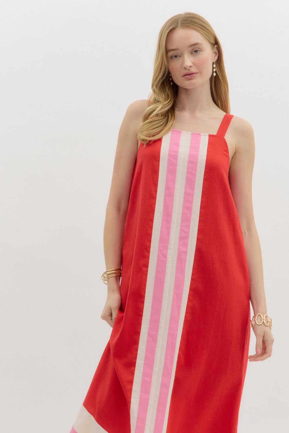 Red with pink stripe midi dress