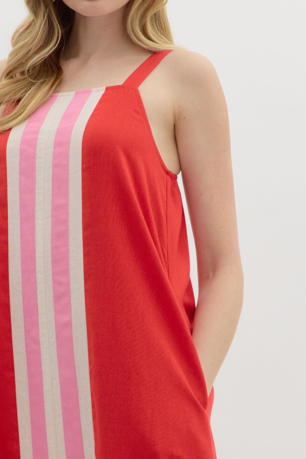 Red with pink stripe midi dress