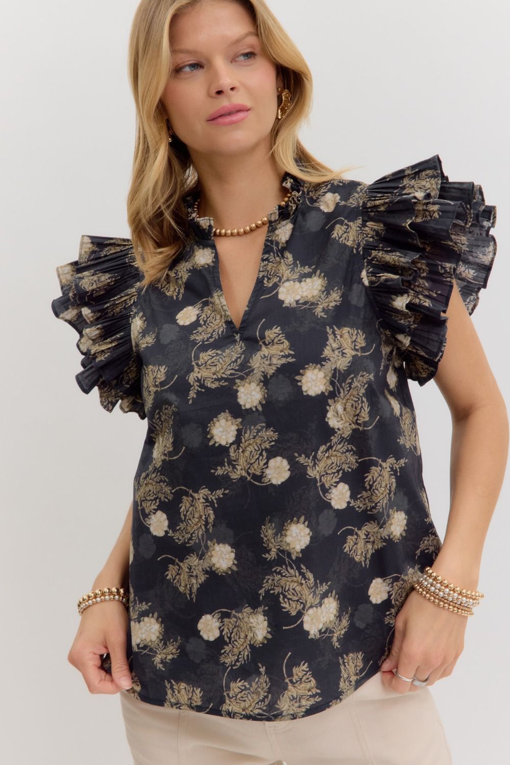 Navy printed ruffle sleeve top