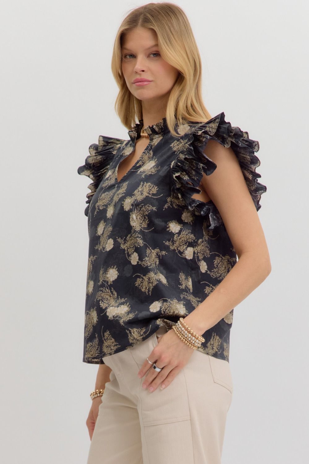 Navy printed ruffle sleeve top