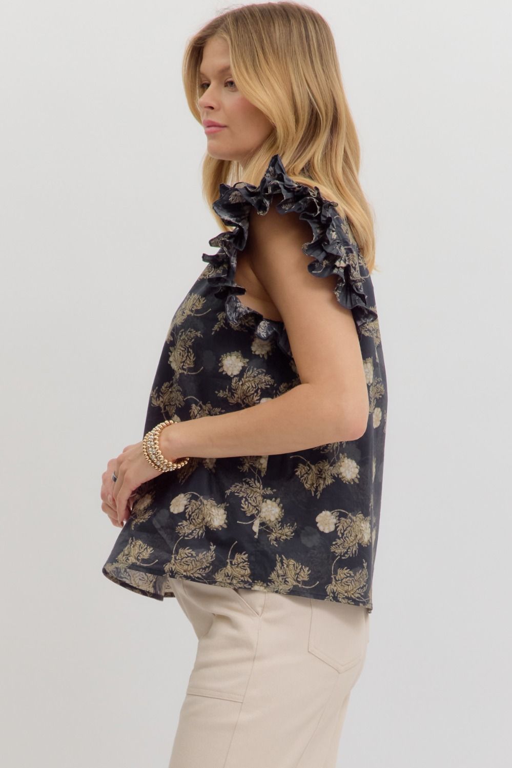 Navy printed ruffle sleeve top