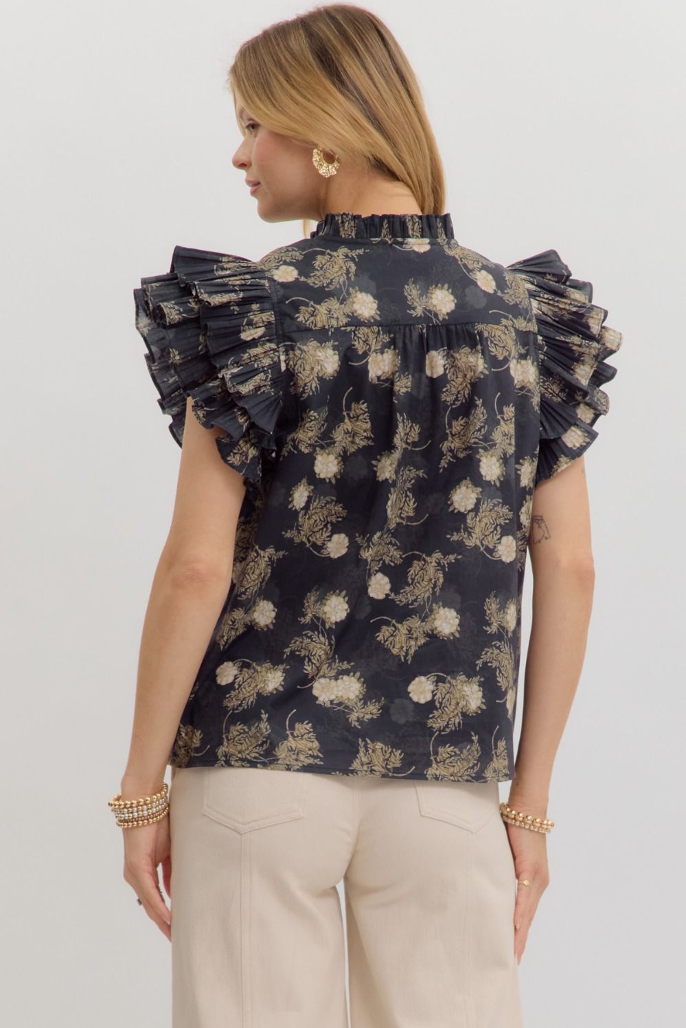 Navy printed ruffle sleeve top