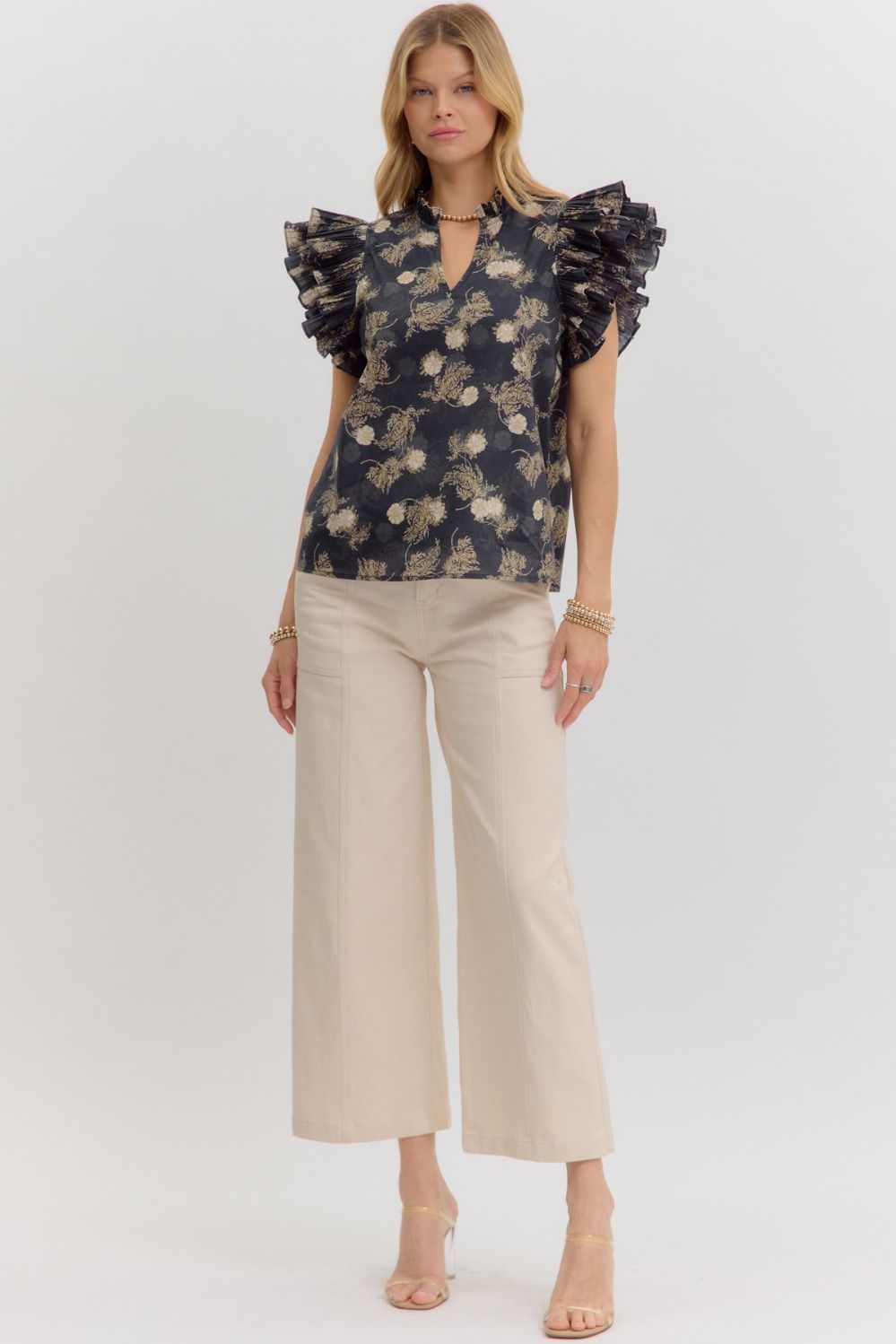 Navy printed ruffle sleeve top