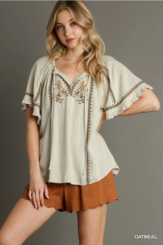 Embroidered linen blend top