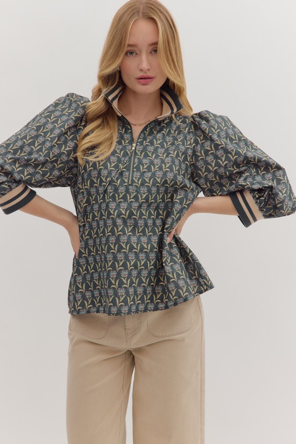 Chic blue 3/4 zip top
