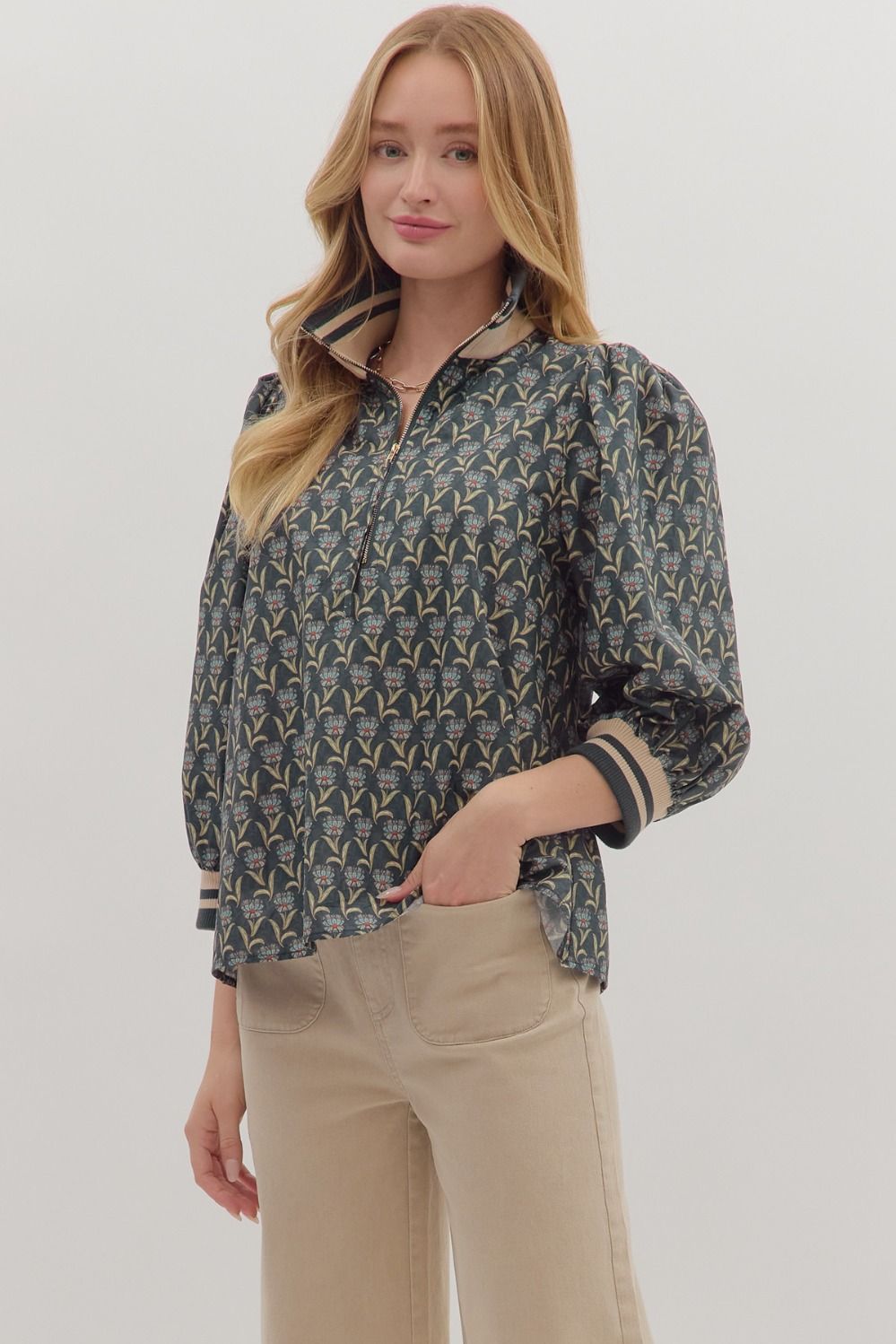 Chic blue 3/4 zip top