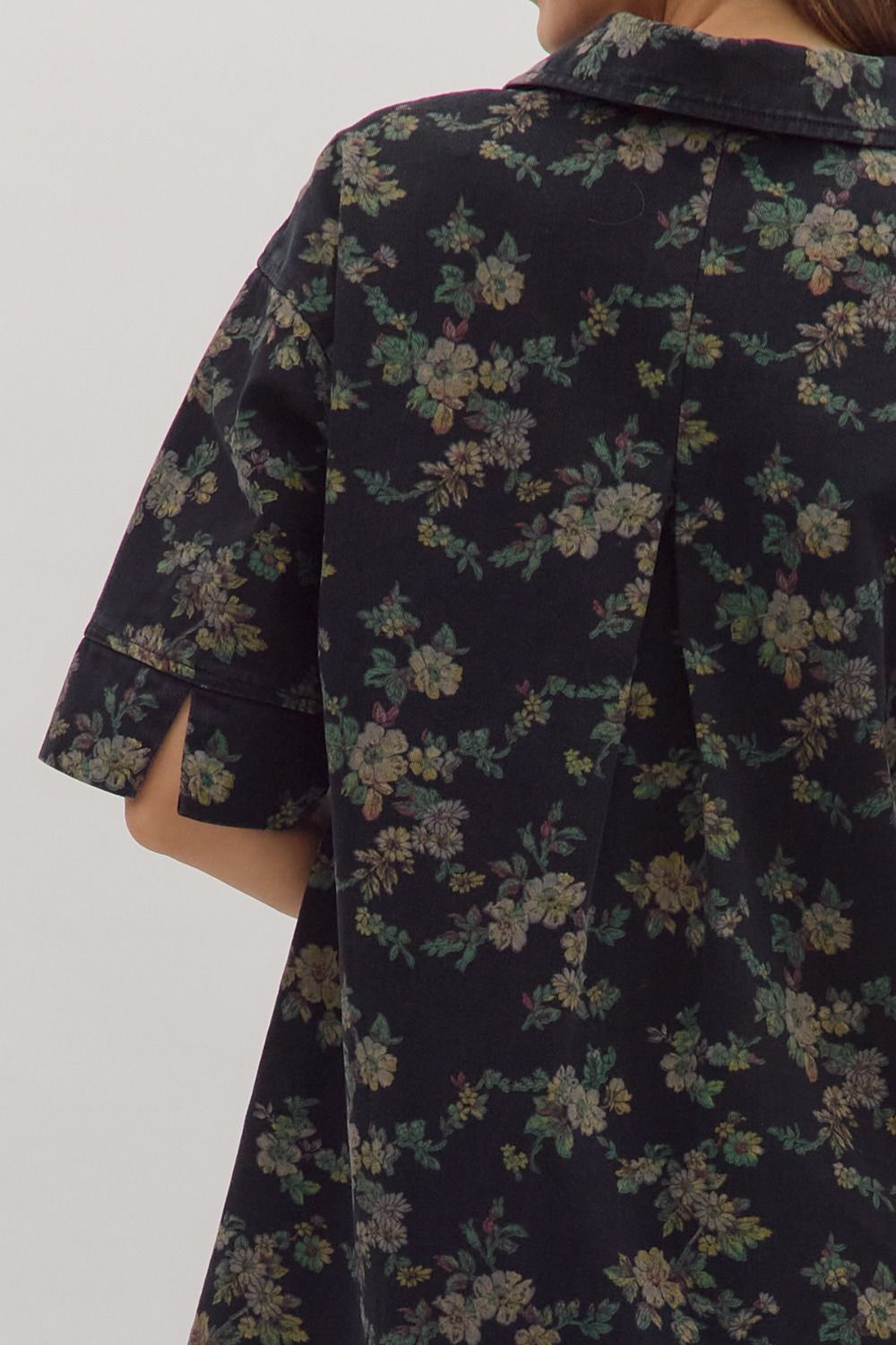 Black floral denim mini dress