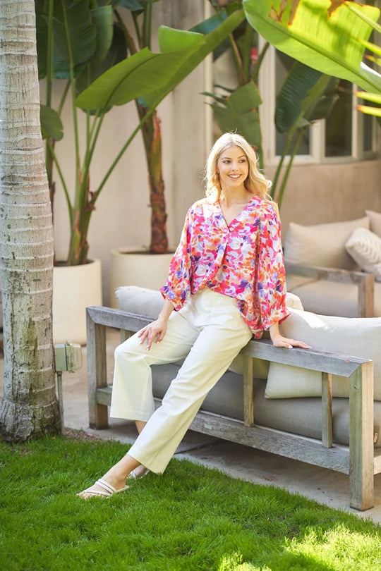 Pink floral v neck blouse