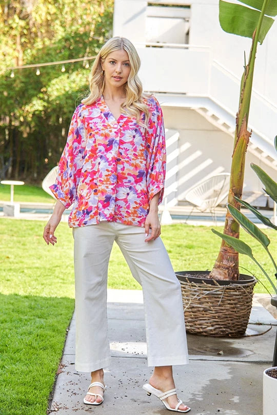 Pink floral v neck blouse