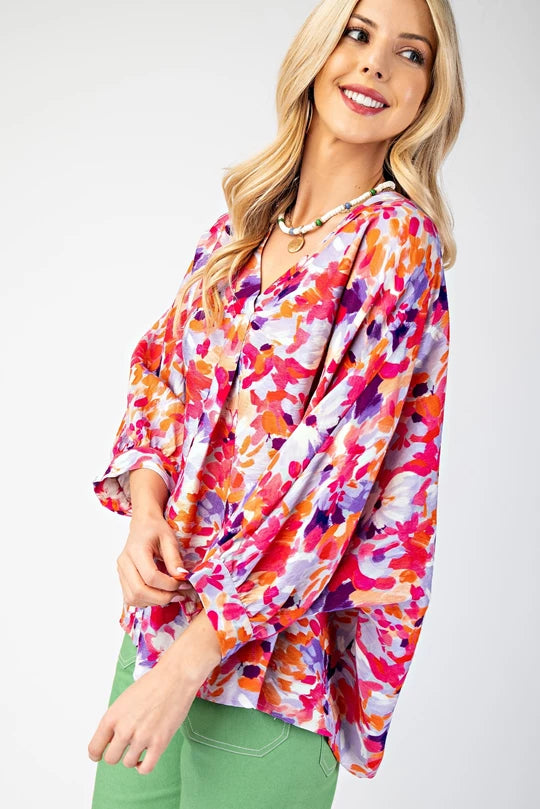 Pink floral v neck blouse