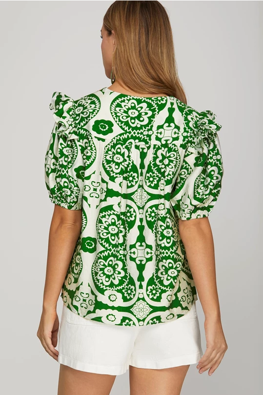 Green and white print top