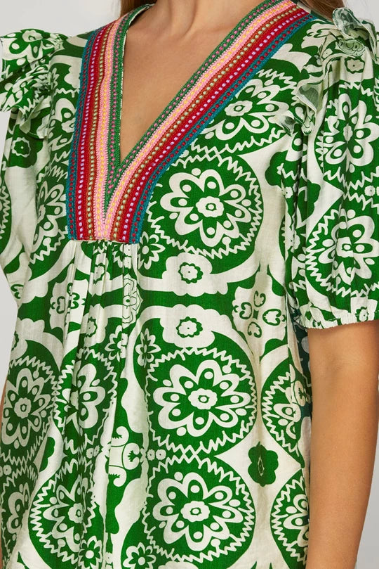 Green and white print top