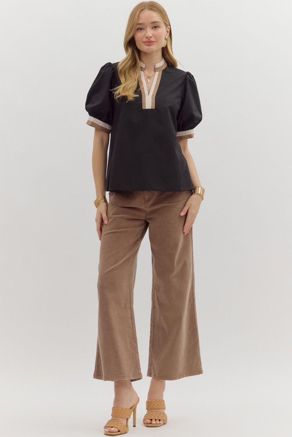 Black top with neutral trim