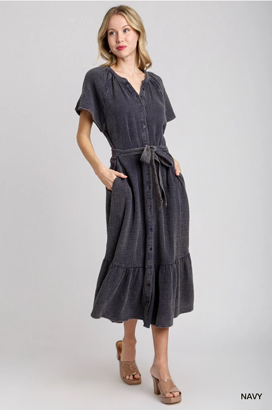 Navy gauze midi dress