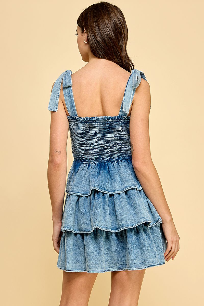 Smocked mini denim dress