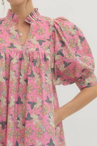 Entro Pink Floral Print Mini Dress - Boho Boutique