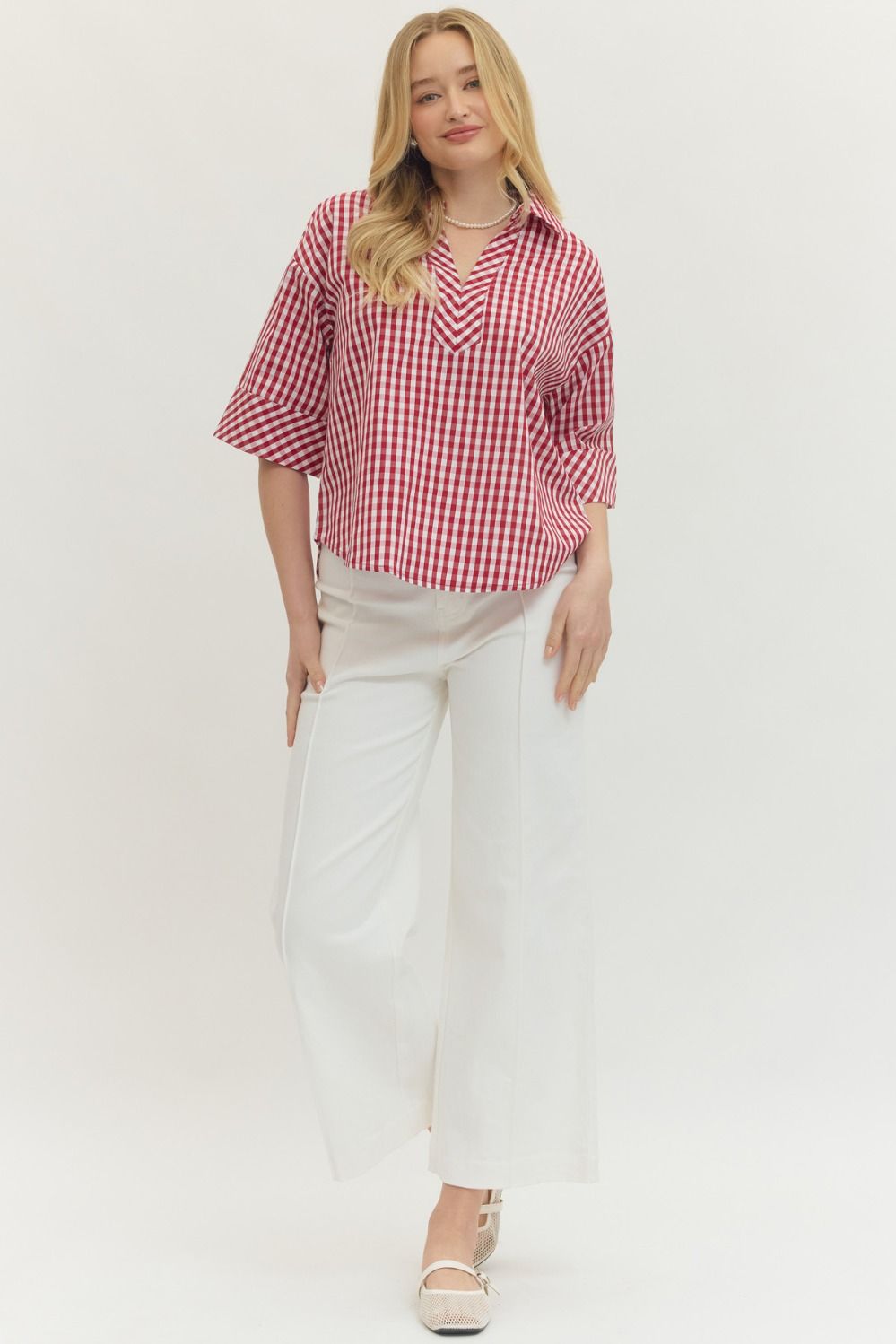 Entro Red Gingham Button Up Women’s Top