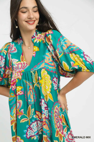 Umgee Emerald Green Print Mini Dress