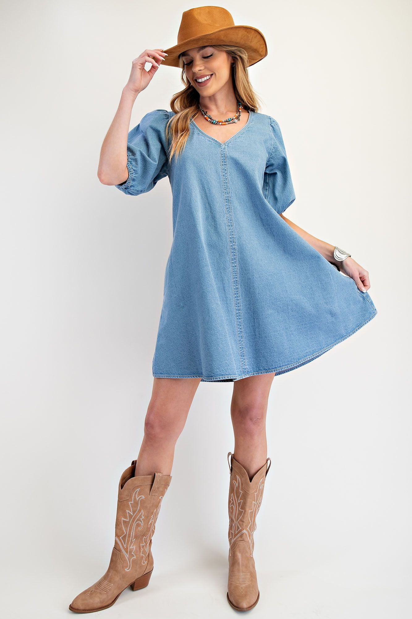 Denim v neck dress