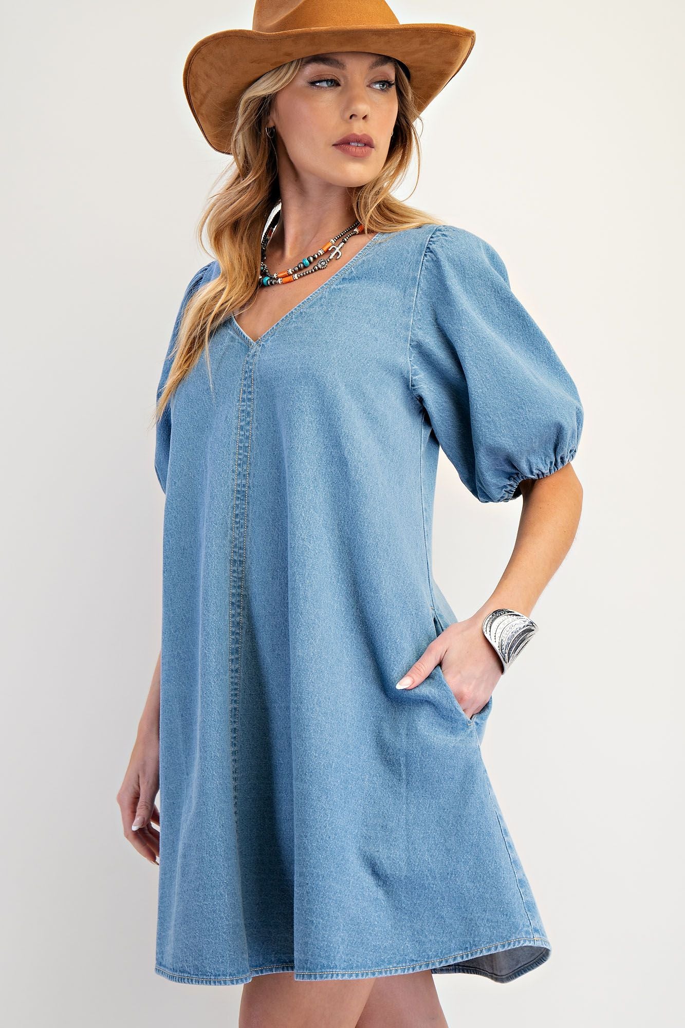 Denim v neck dress