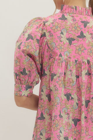 Entro Pink Floral Print Mini Dress - Boho Boutique