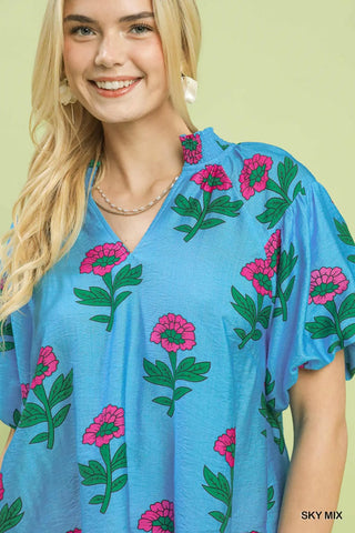 Umgee Bold Blue Floral Print Top
