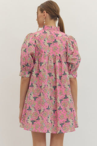 Entro Pink Floral Print Mini Dress - Boho Boutique
