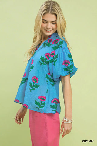 Umgee Bold Blue Floral Print Top