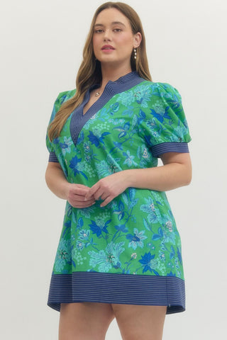Entro Blue & Green Print Plus Dress