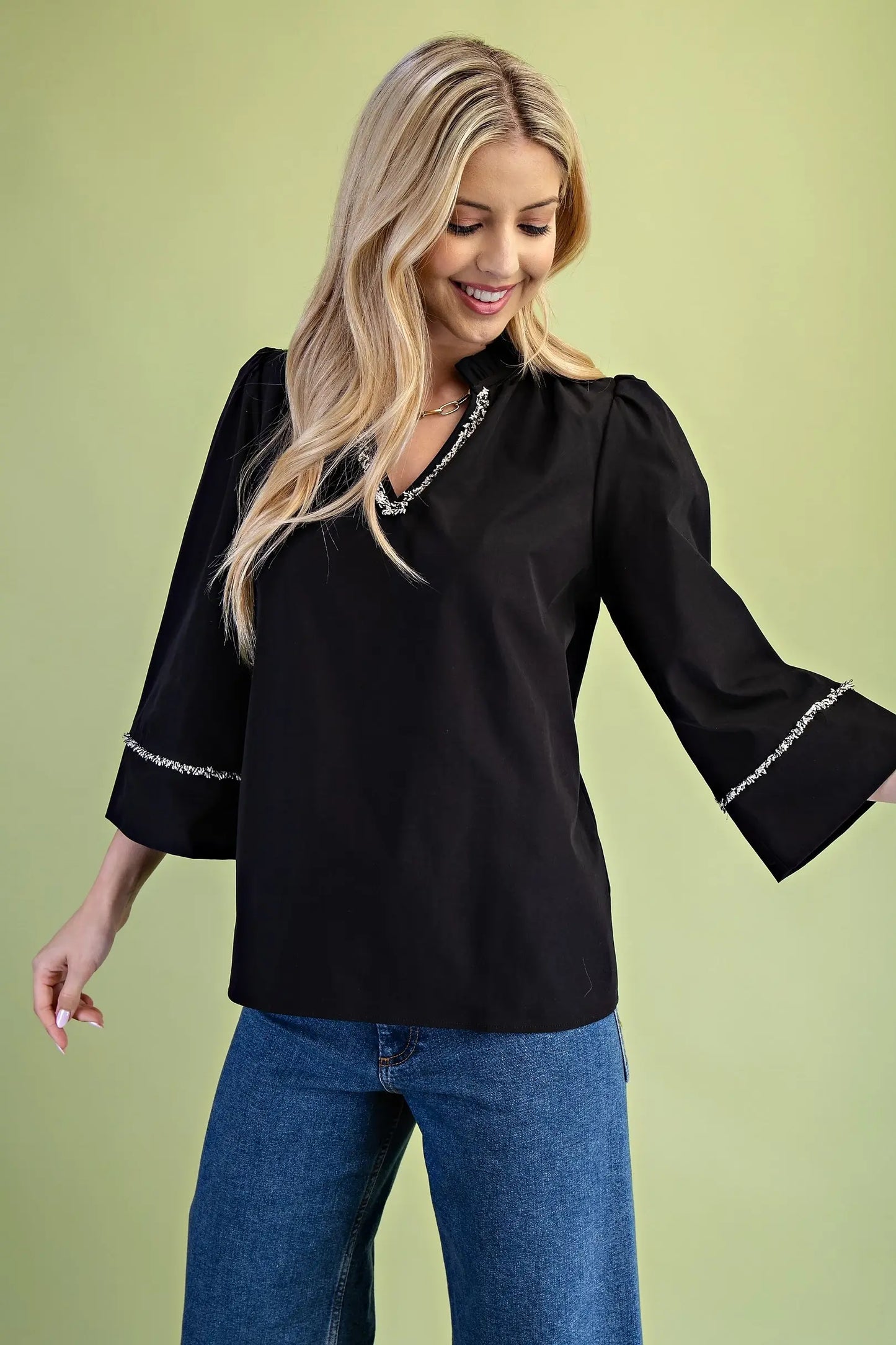 Black ruffled neck top