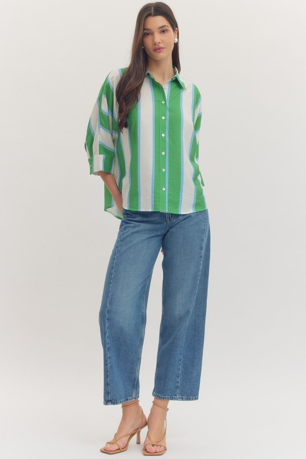 Entro blue, green, & white plus sized striped blouse
