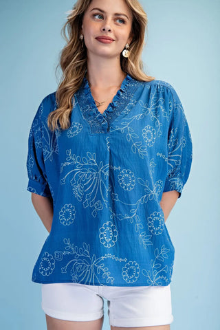 Gigio Blue and White Print Top