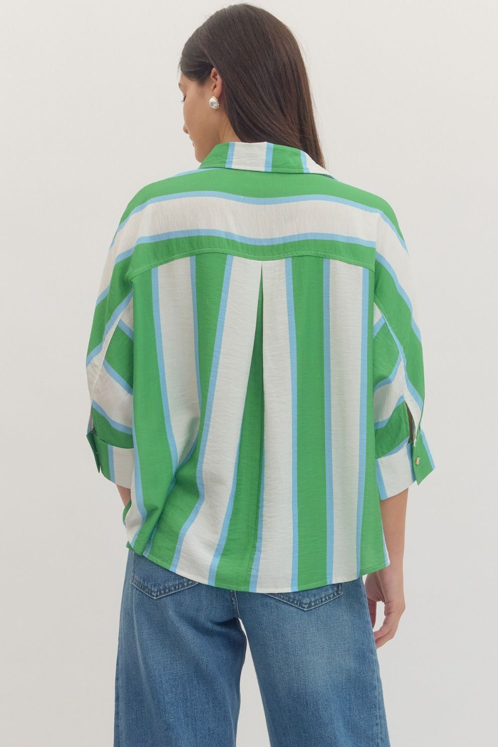 Entro blue, green, & white plus sized striped blouse