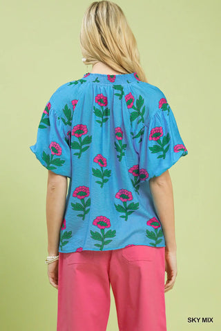 Umgee Bold Blue Floral Print Top
